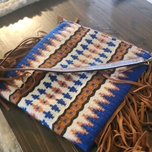 Western/BoHo/Artisan Blue and Brown Patterned Crossbody Bag w/ Genuine Leather